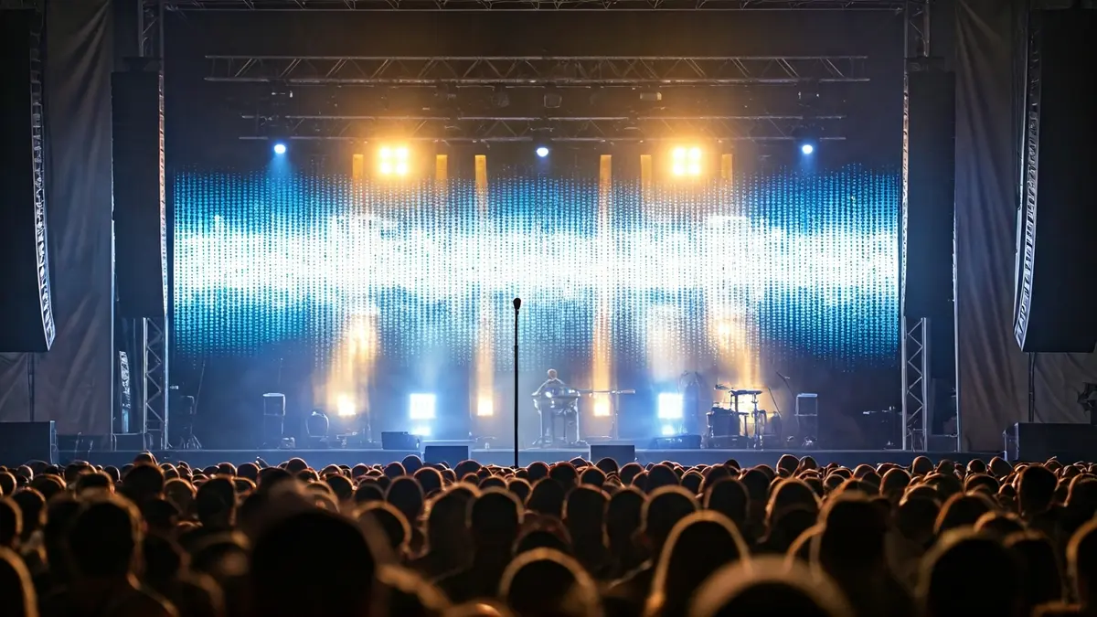 Generic image of a concert stage with bright lights and a large screen.