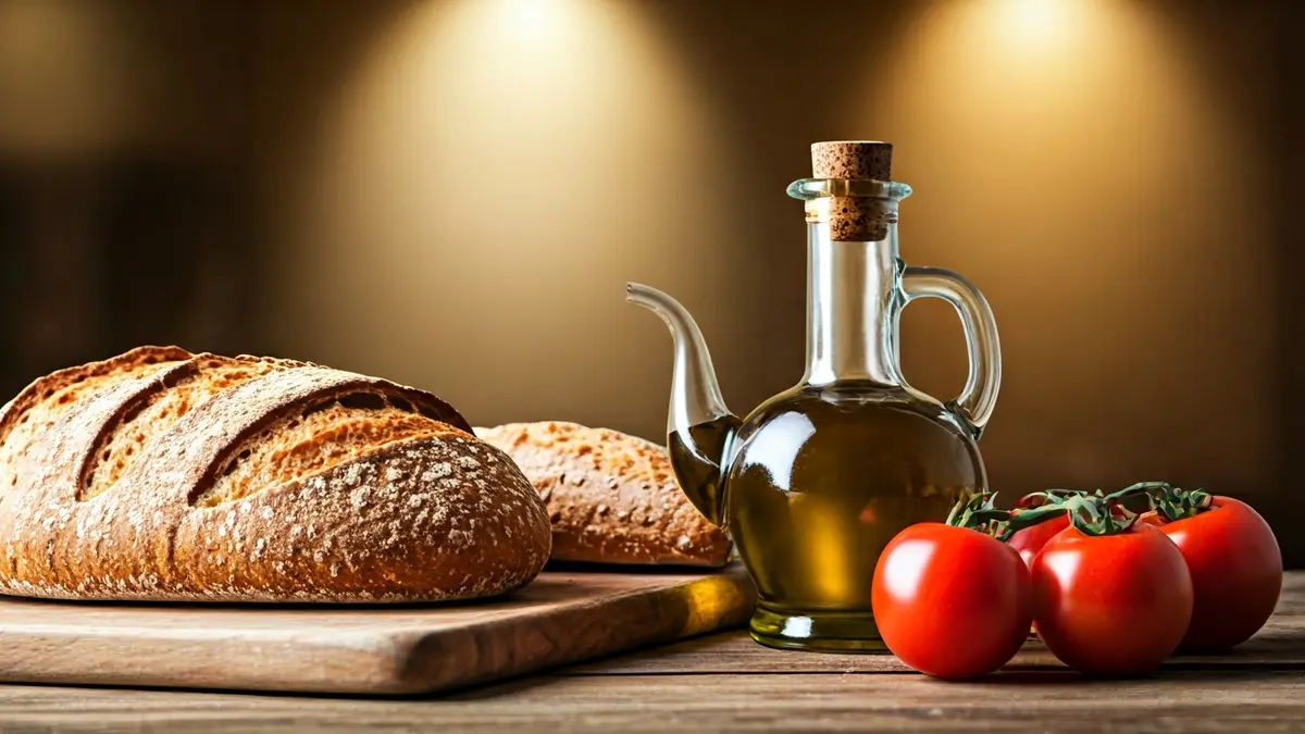 Productos gourmet de Almería: pan, aceite y tomate en una exposición.