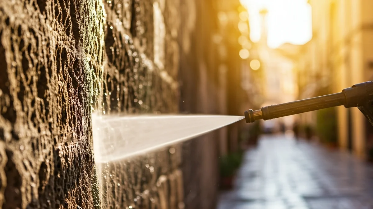 Imagen de una pared de piedra siendo limpiada de grafitis en una calle de Córdoba.