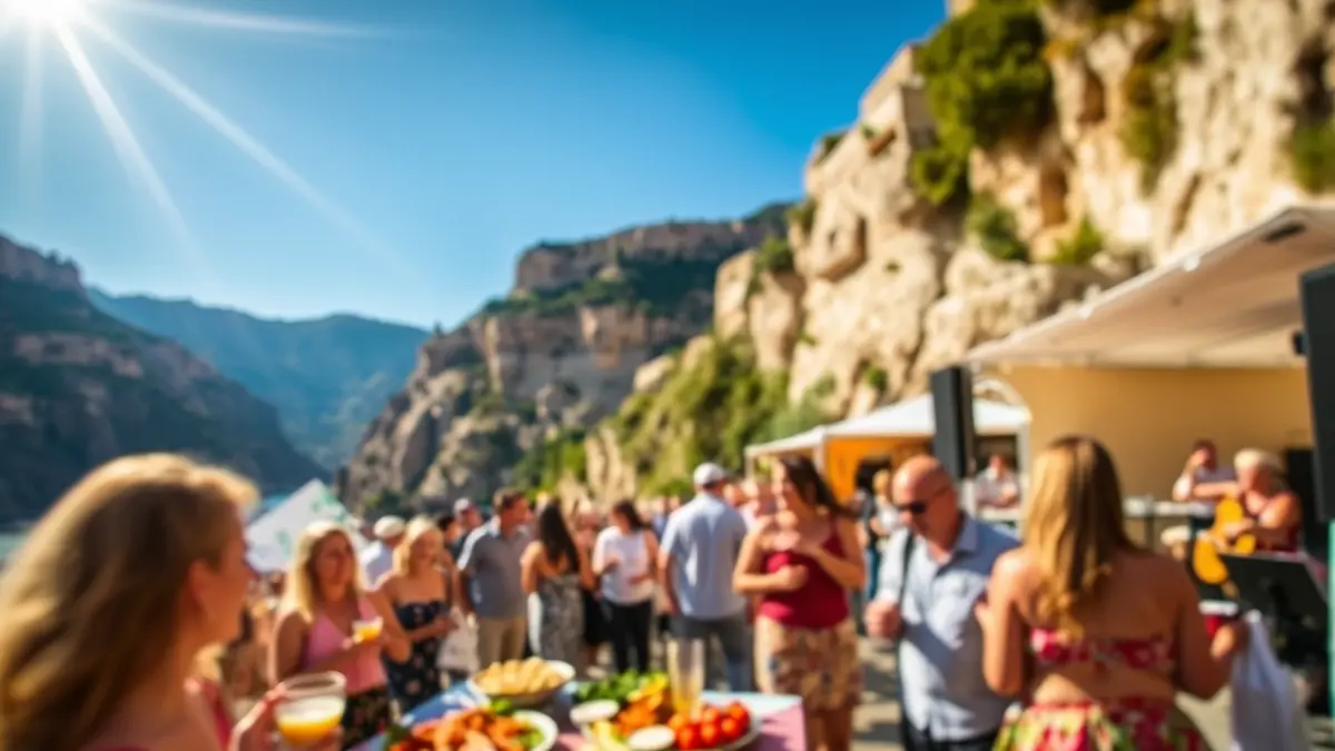 Image of an outdoor gastronomic and music festival in a natural setting.