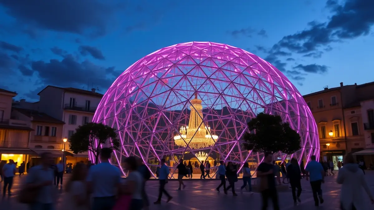 Image of an illuminated geodesic dome in a square, with blurred people around.