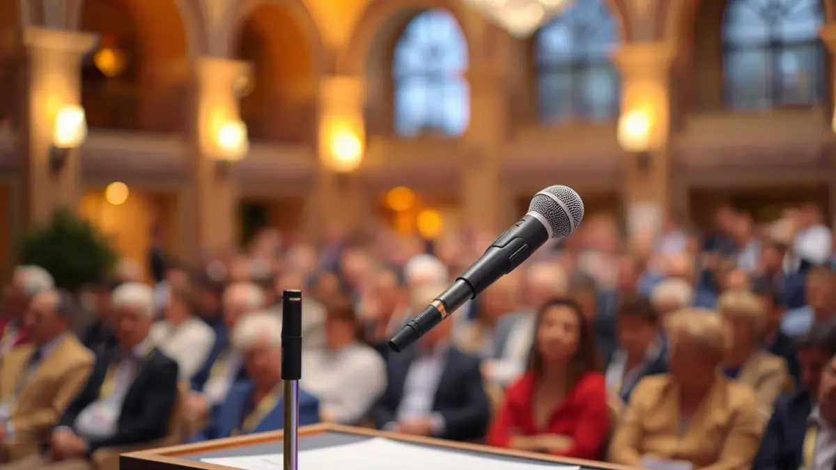 Generic image of a microphone on a podium during a conference.