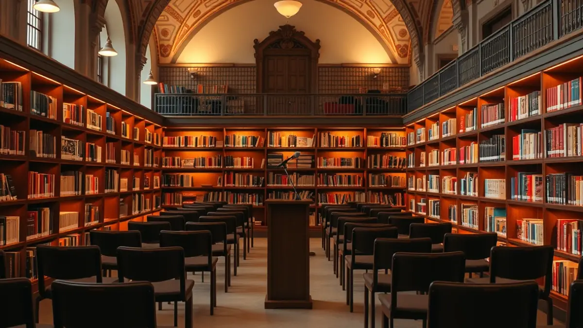 Imagen genérica de una biblioteca o sala de lectura con un micrófono, simbolizando un evento literario.