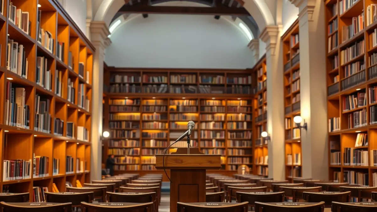 Imagen genérica de una biblioteca con un podio y sillas, evocando un evento literario.