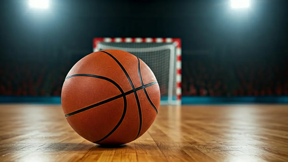 Imagen genérica de un balón de baloncesto en una cancha, con elementos de balonmano y hockey de fondo.