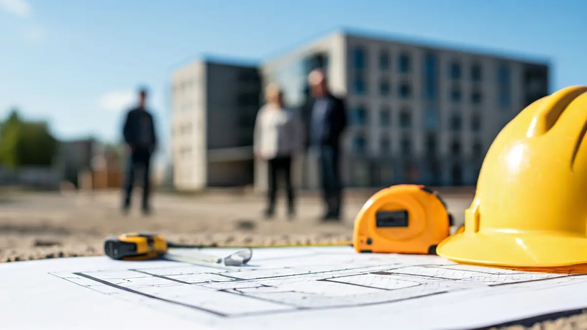 Imagen genérica de un proyecto de construcción de viviendas, con planos y herramientas.