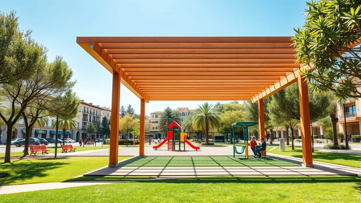 Imagen de un parque público renovado con una pérgola de madera y áreas de juego.