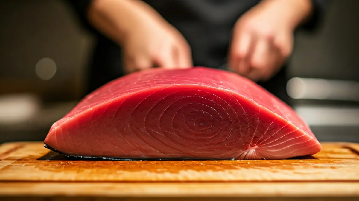 Image of a fresh red tuna cut on a wooden board, with blurred hands performing a 'ronqueo'.