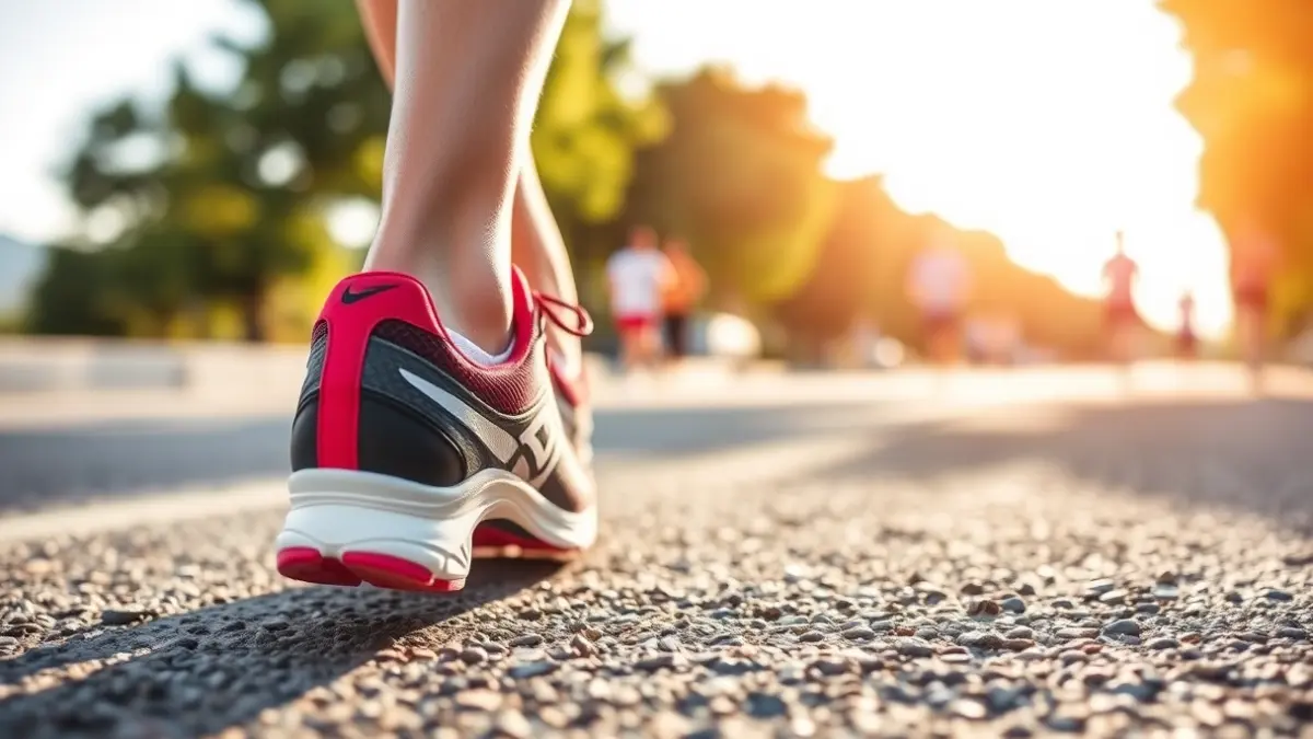 Imagen genérica de unas zapatillas de correr en una carretera, con árboles y cielo soleado de fondo.