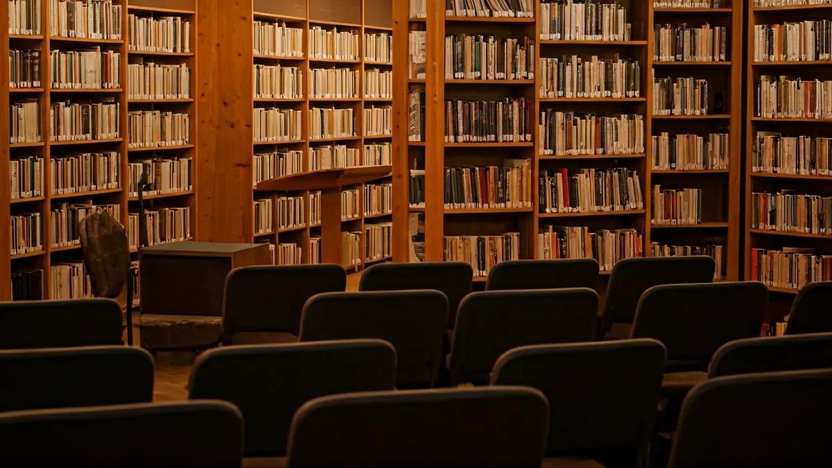 Generic image of a library interior with bookshelves and a podium, evoking a literary event.