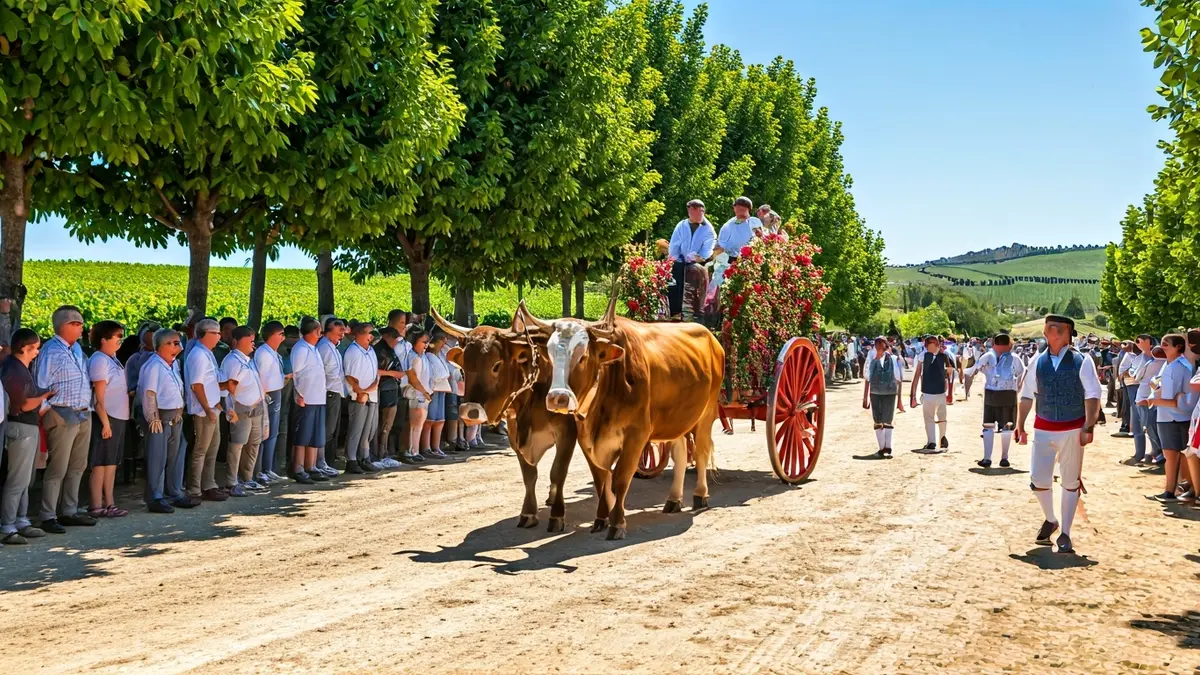 Imagen de una romería tradicional con carretas y caballistas en un entorno natural.