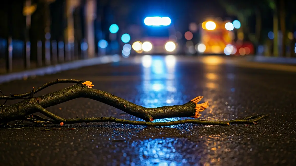 Image of a fallen tree branch on a street in Granada after strong winds.