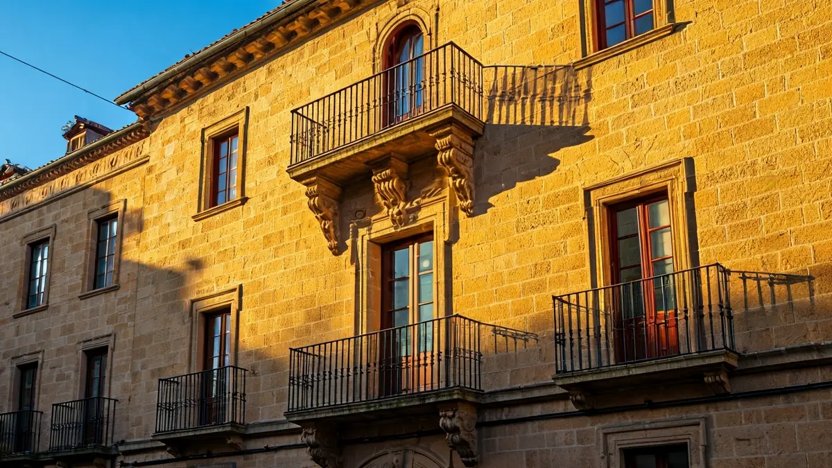 Facade of Santa Fe town hall with balcony and iron railings