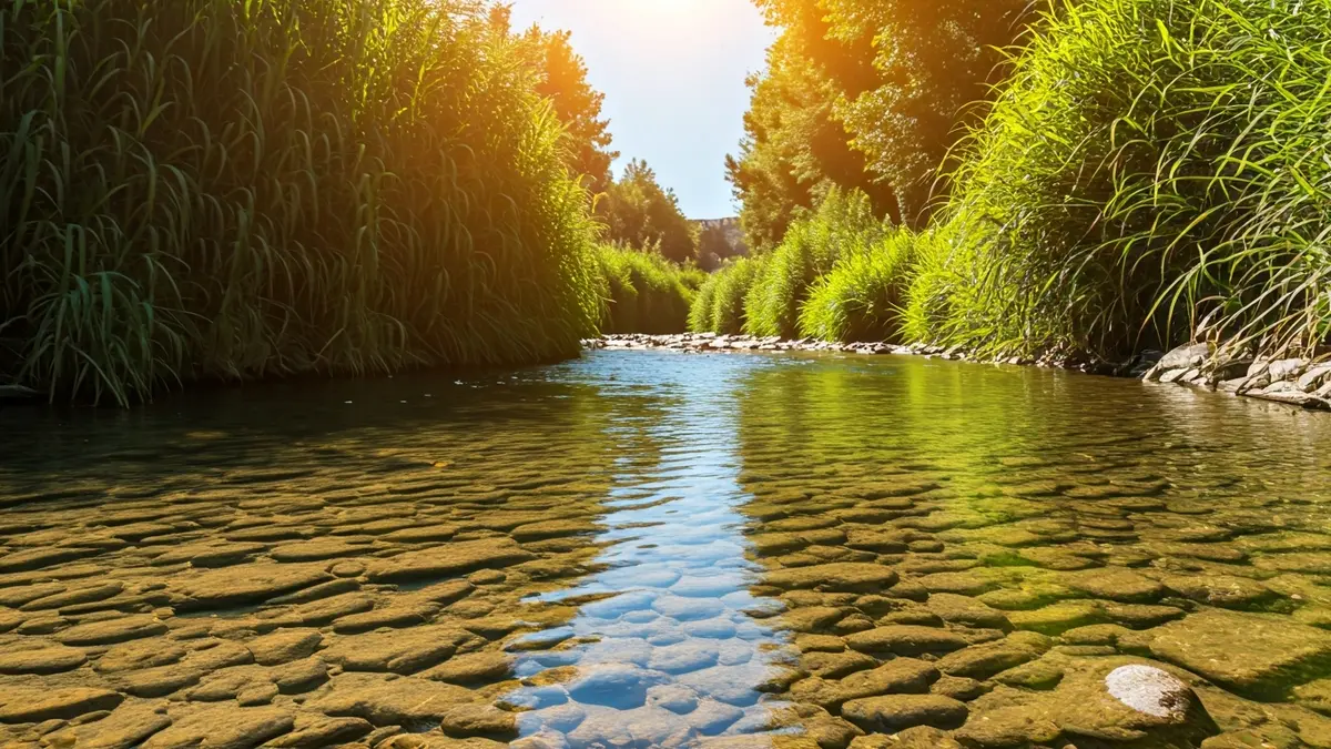 Image of a recovered Guadalete river, with clear water and vegetation on its banks.