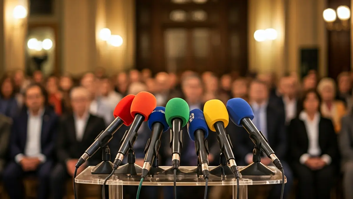 Imagen genérica de un atril con micrófonos en una rueda de prensa política.