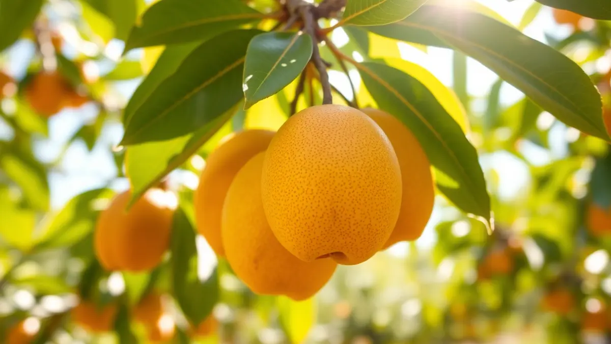Nísperos maduros en un árbol bajo el sol.