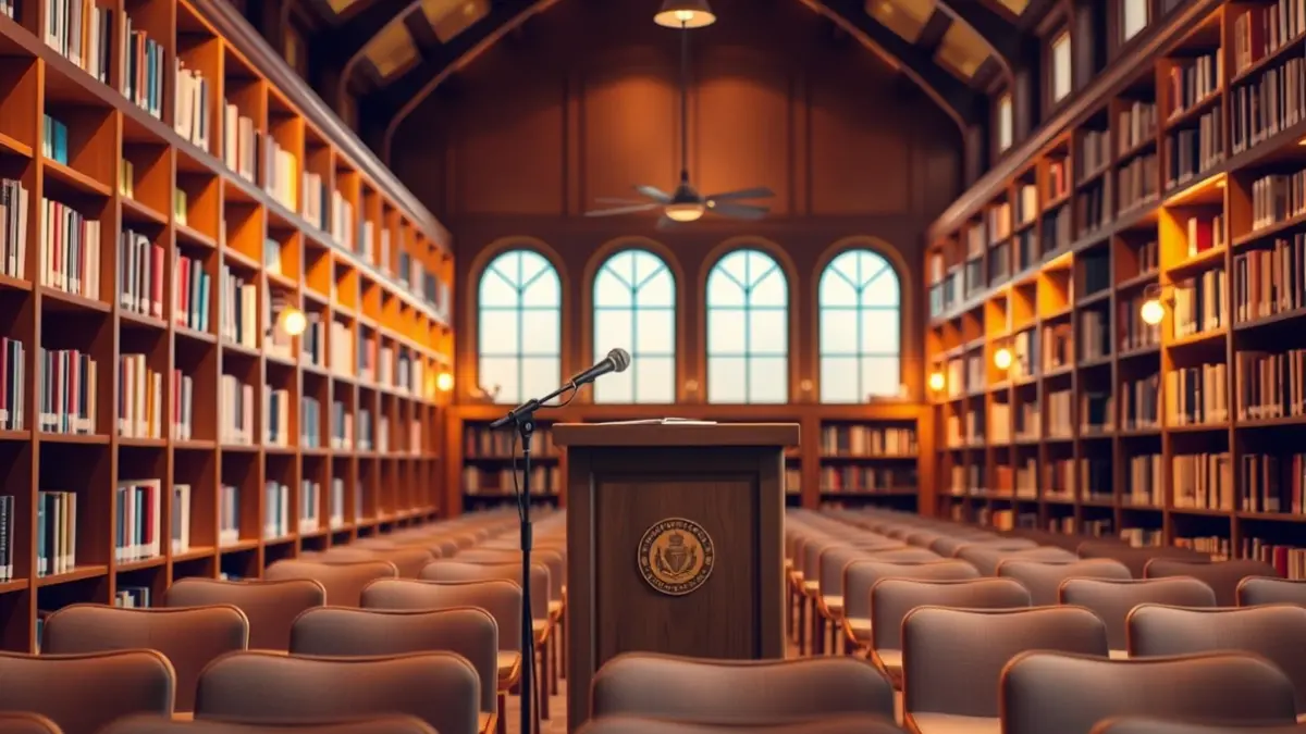 Generic image of an auditorium or conference hall with a microphone on a podium.
