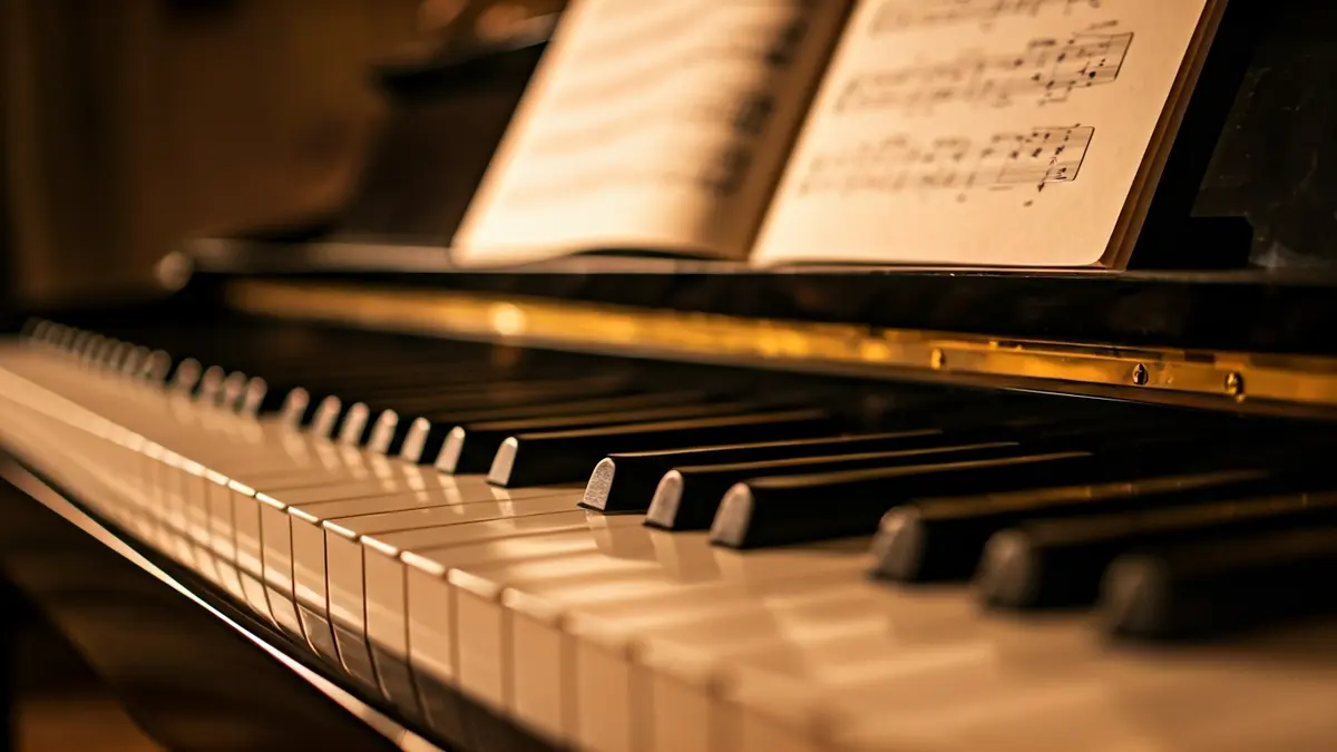 Generic image of grand piano keys during a performance.