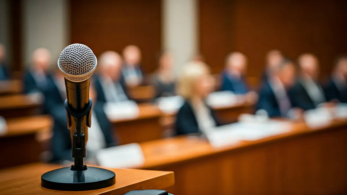 Generic image of a microphone on a podium during a conference.