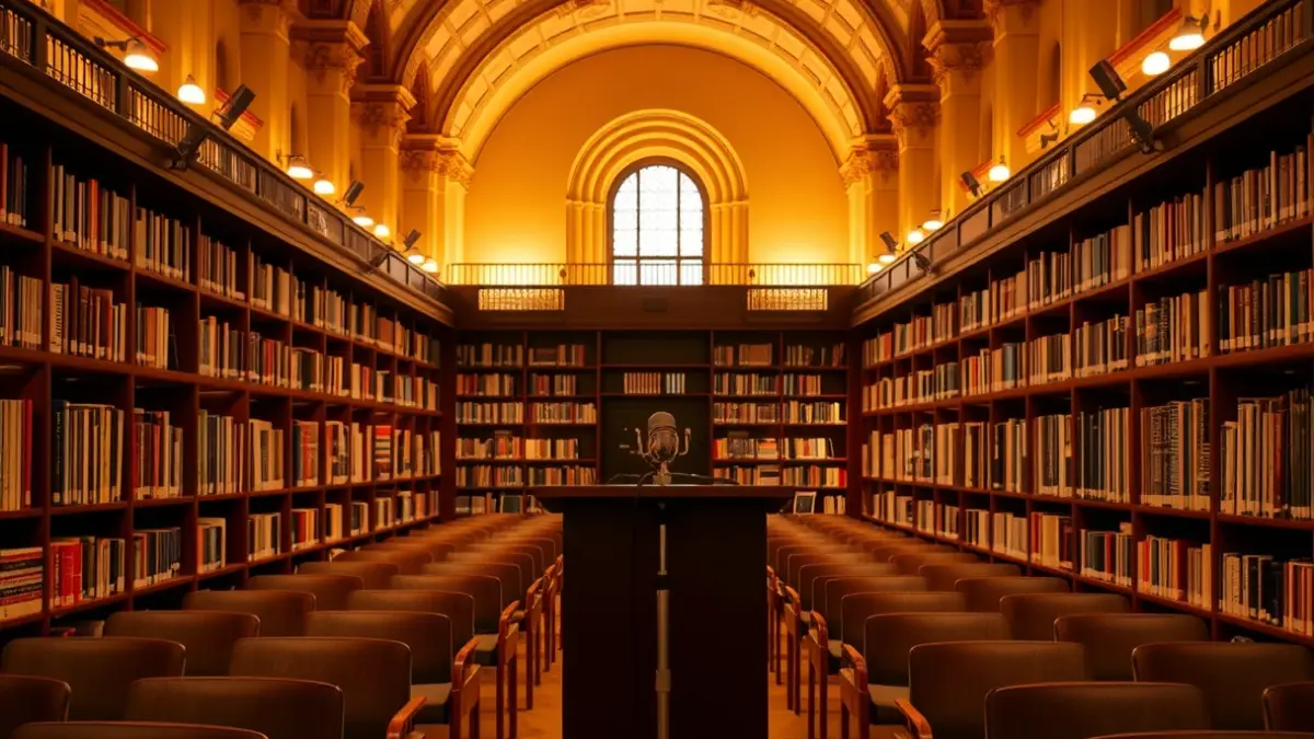 Imagen genérica de un ambiente literario con un micrófono en un podio y estanterías de libros.