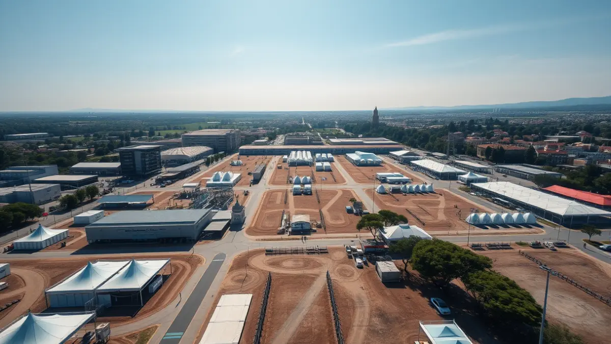 Vista aérea de un recinto ferial vacío en Sevilla, preparándose para la Feria de Abril.