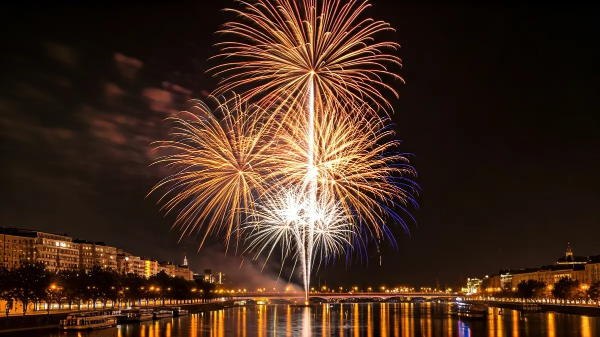 Imagen genérica de fuegos artificiales sobre un río en una ciudad.
