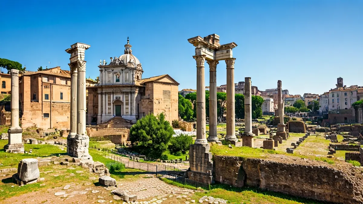 Roman ruins in a Mediterranean landscape, evoking cultural heritage.