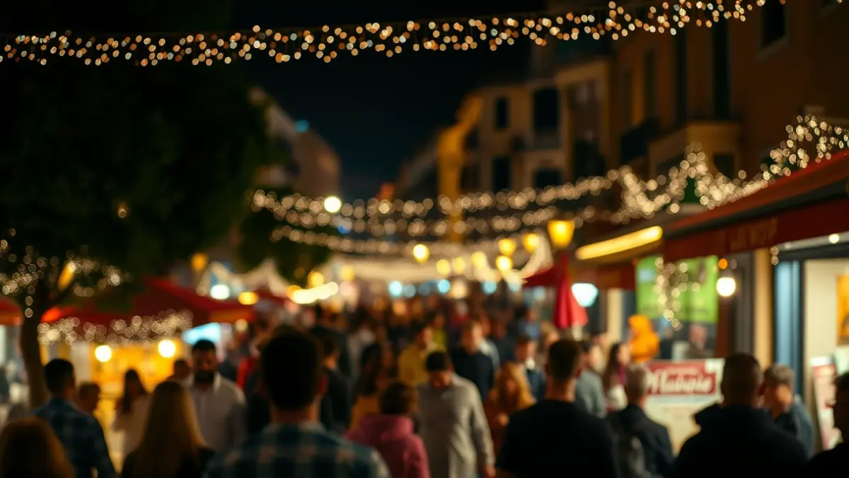 Generic image of a festive street scene in a Mediterranean city at night, with blurred lights and a celebratory atmosphere.