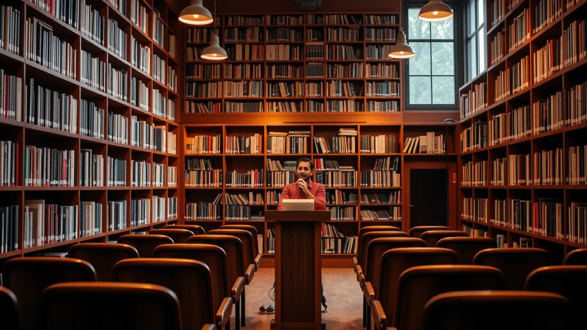 Generic image of a presentation room or library, with a microphone on a podium and empty chairs, representing a travel magazine publication.