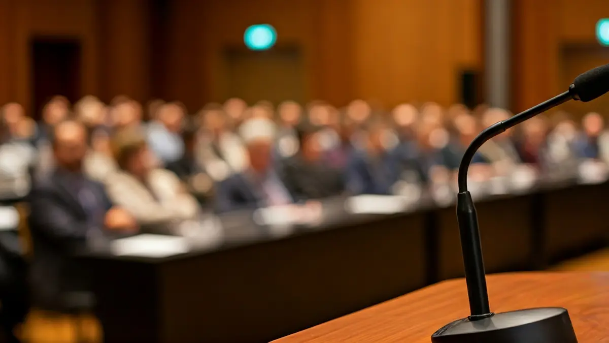 Imagen genérica de un evento o conferencia con un podio y micrófono.