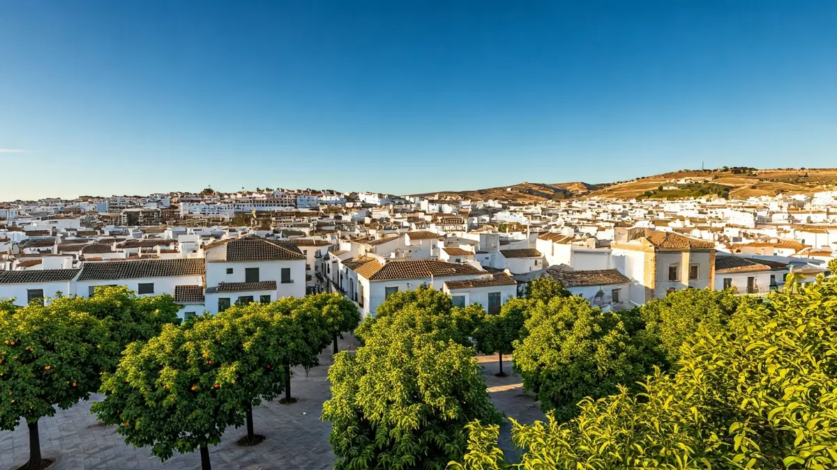 Imagen genérica de un cielo despejado sobre una ciudad andaluza, con edificios blancos y luz cálida.