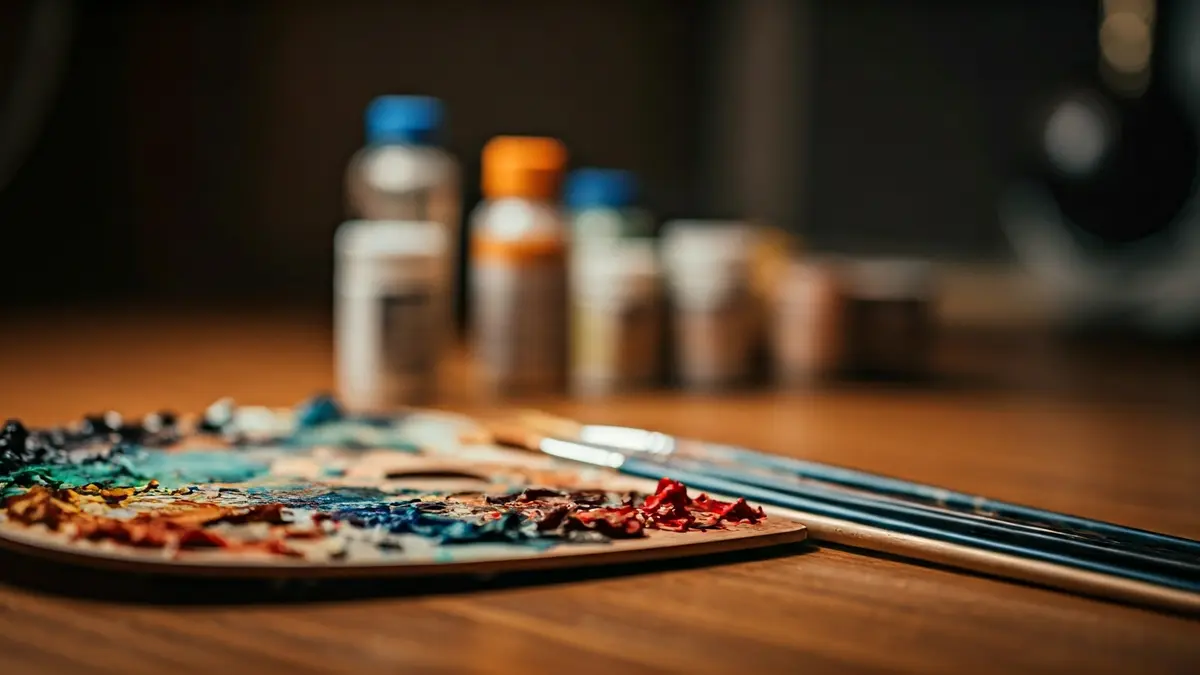 Generic image of a painter's palette with oil paints and brushes.