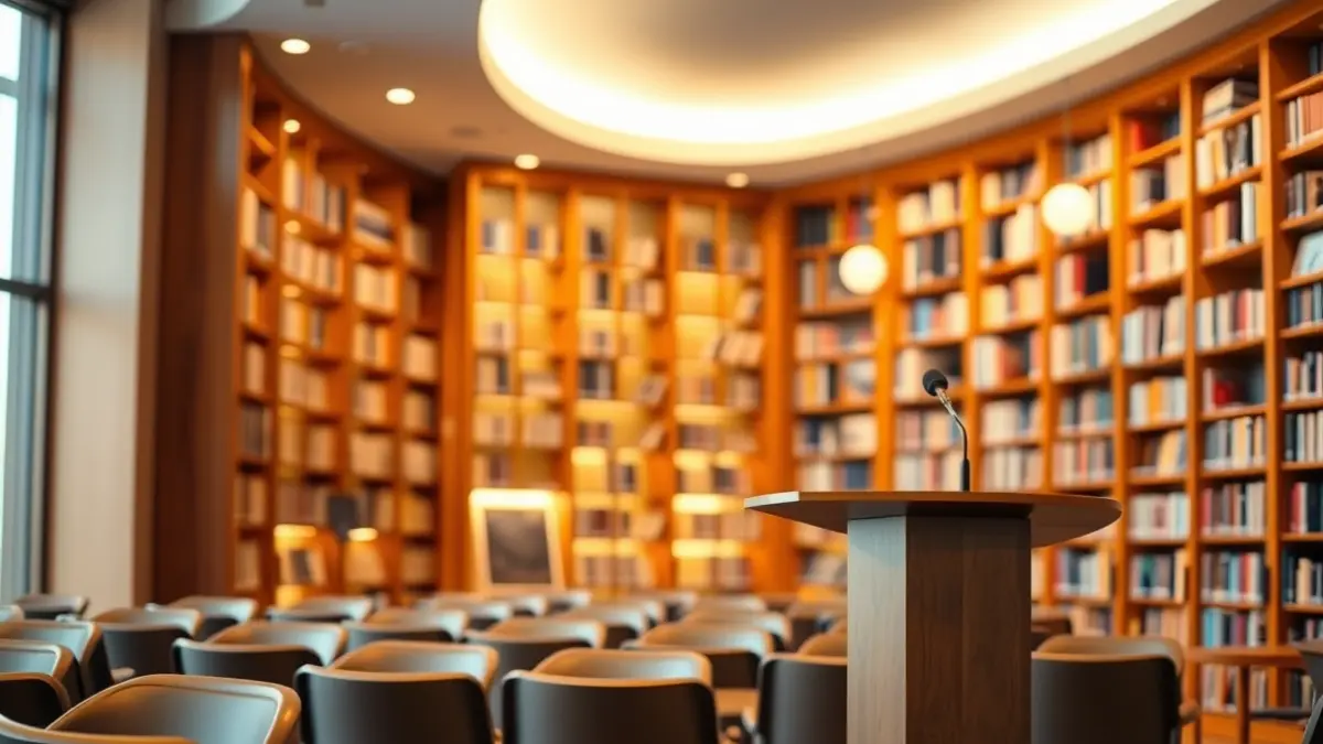 Imagen genérica de un interior de biblioteca con estanterías de madera y un podio con micrófono.