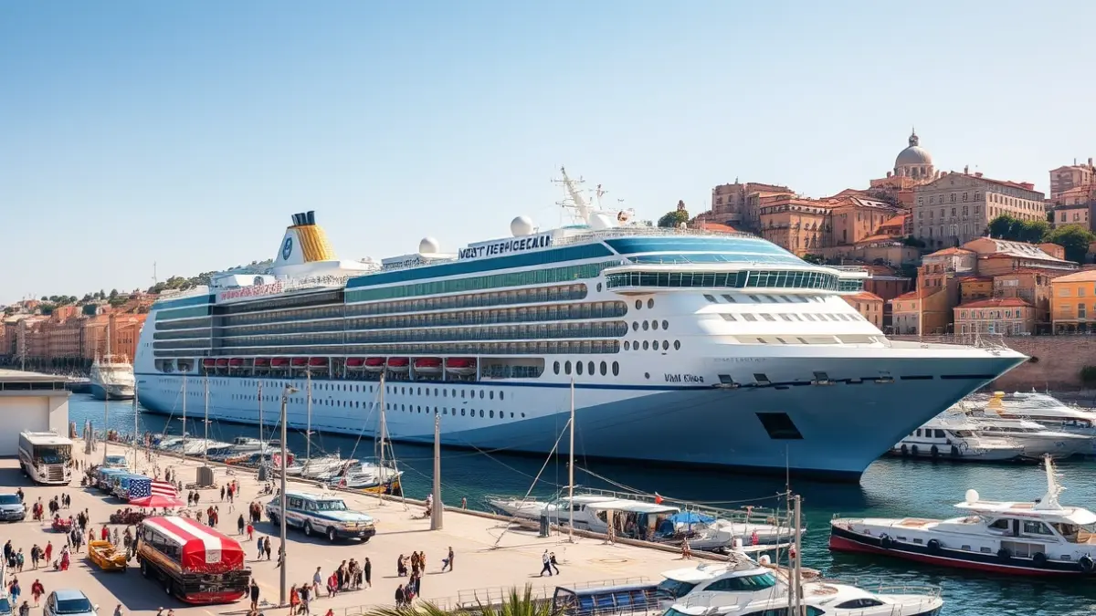 Image of a cruise ship docked at the port of Seville during the April Fair.