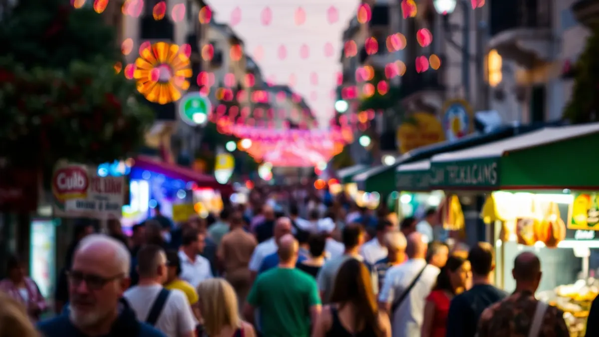Imagen genérica de un festival urbano con gente y puestos de comida.