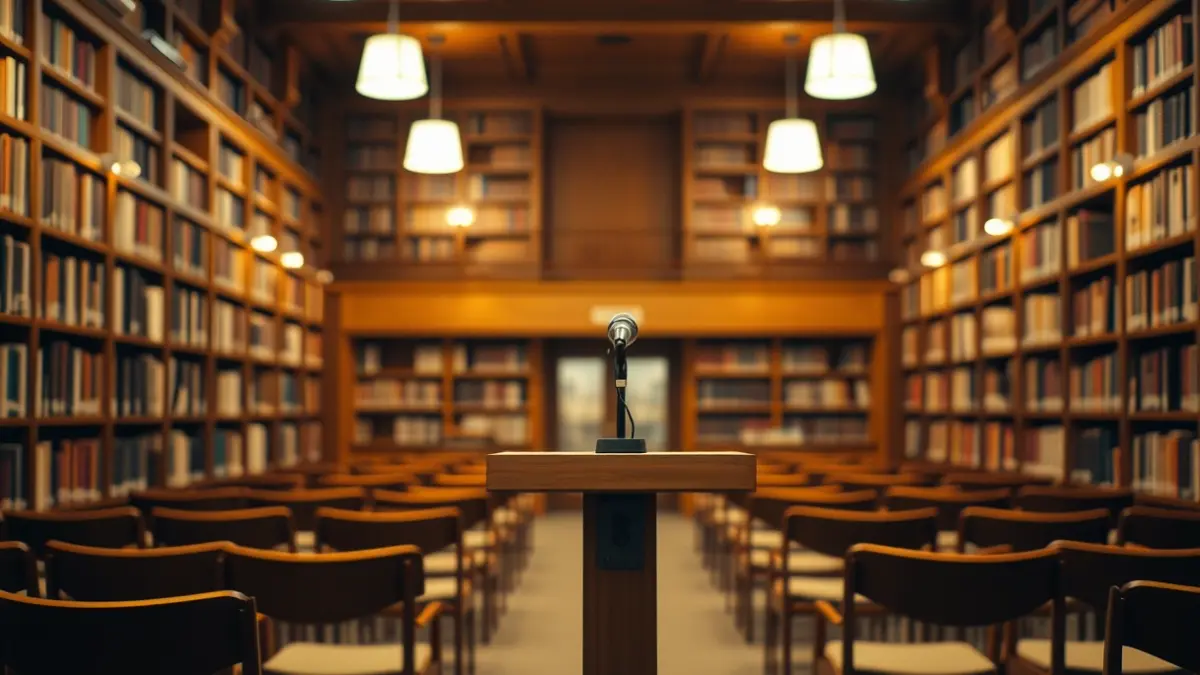 Generic image of an auditorium or concert hall with a microphone on stage.