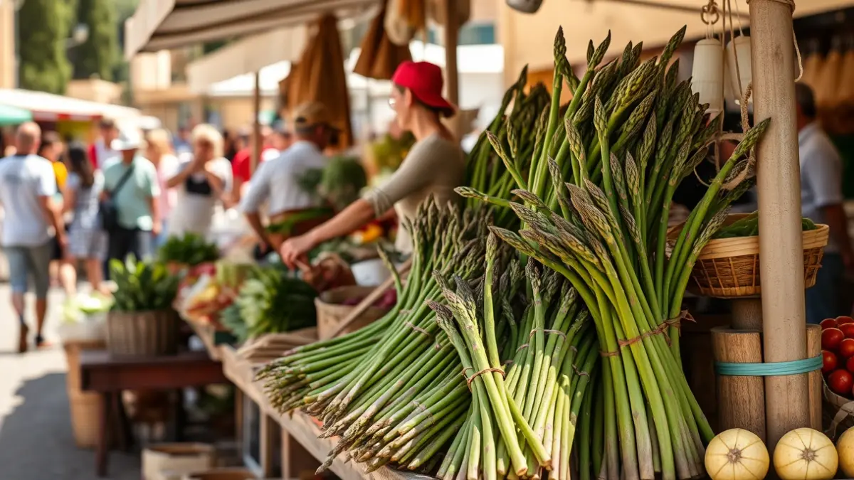 Market stall with asparagus and organic products at an Andalusian fair.