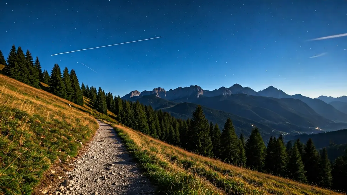 Imagen genérica de una ruta de senderismo nocturna en un paisaje montañoso bajo las estrellas.