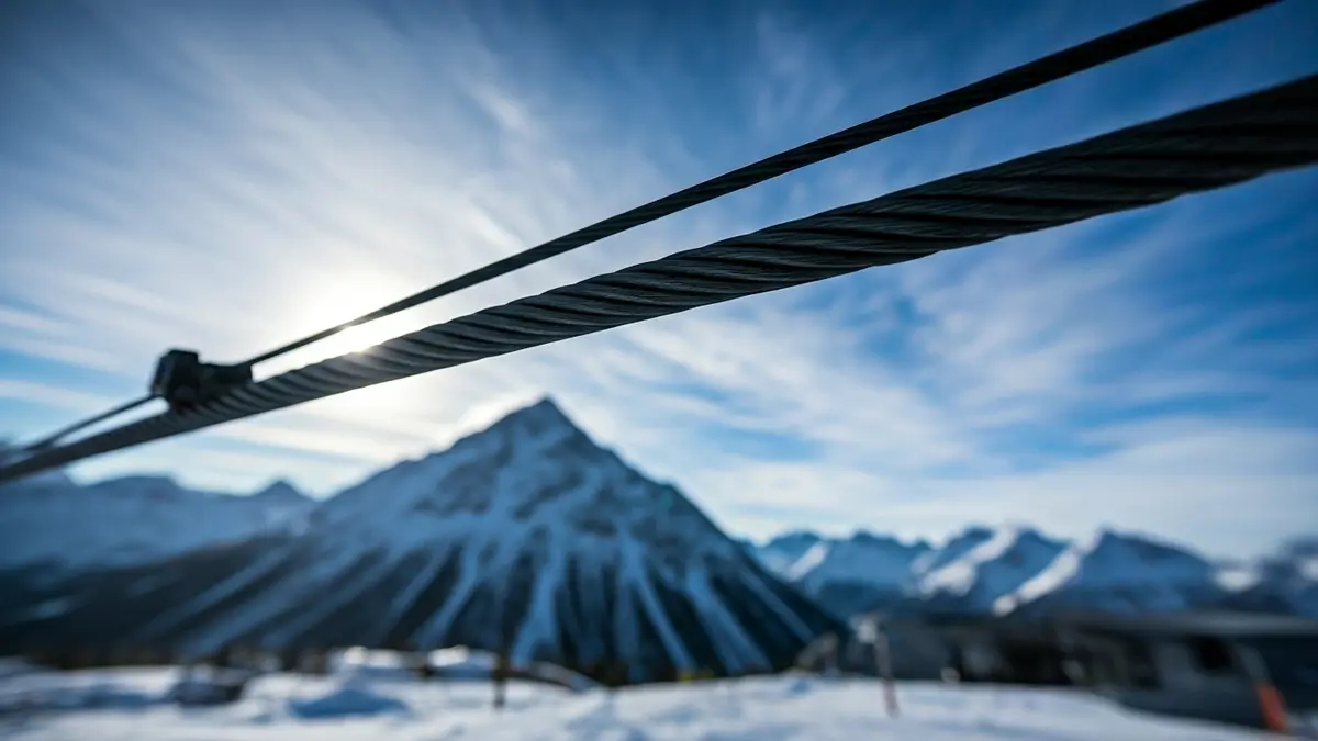 Imagen de un cable de telesilla en Sierra Nevada con fuertes vientos.