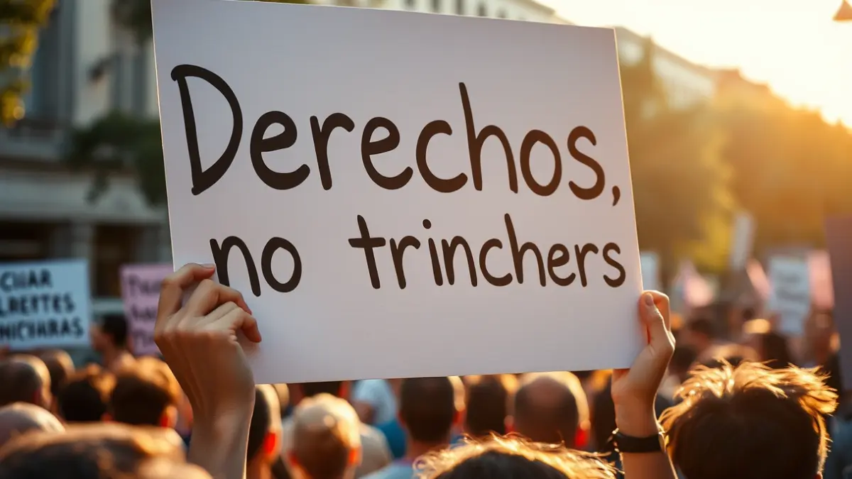 Image of a demonstration with banners and people in motion.