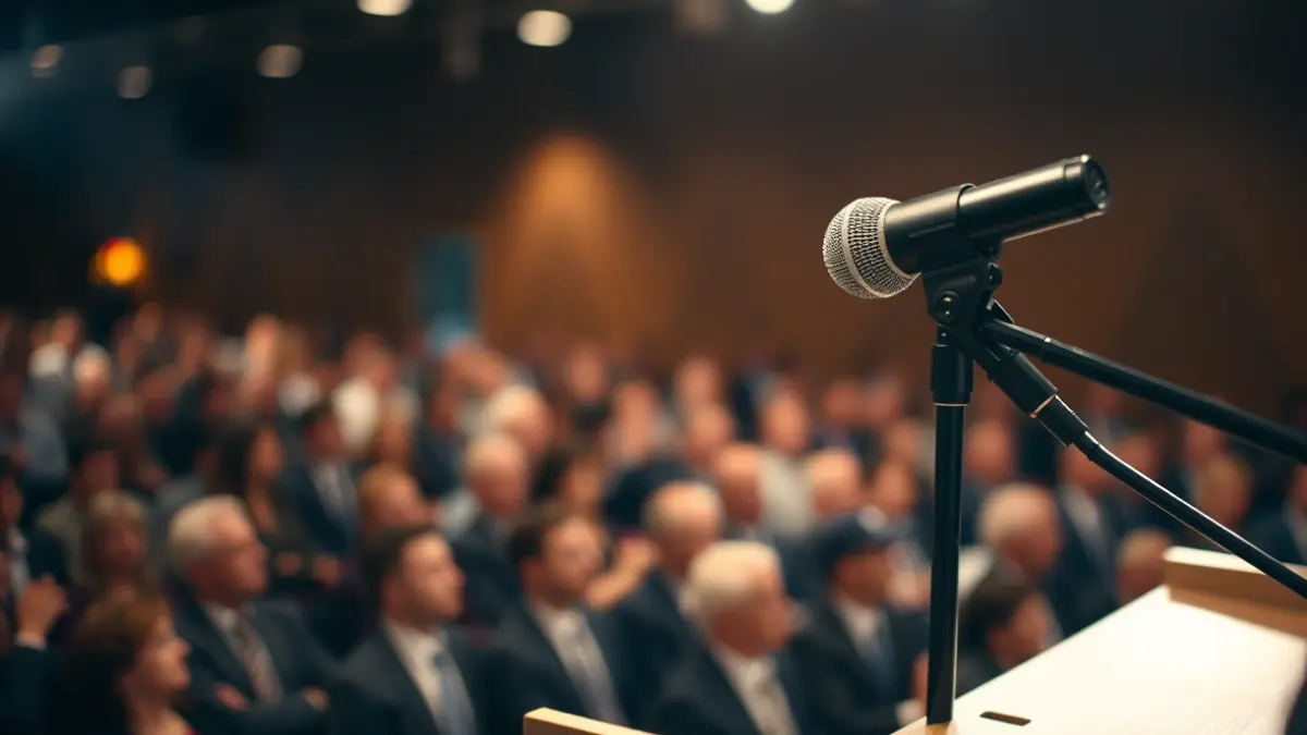 Generic image of a microphone on a podium, symbolizing a public announcement or speech.