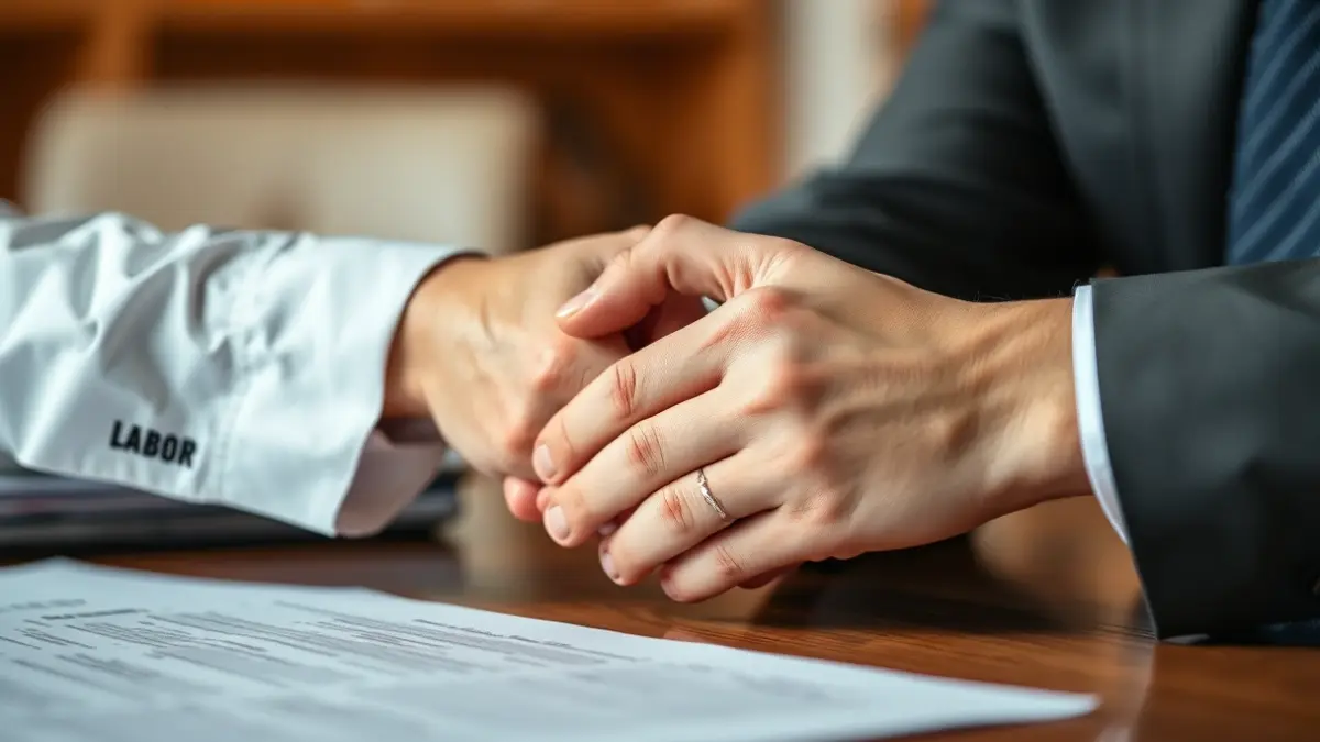 Generic image of two hands shaking over a desk, symbolizing labor negotiations.