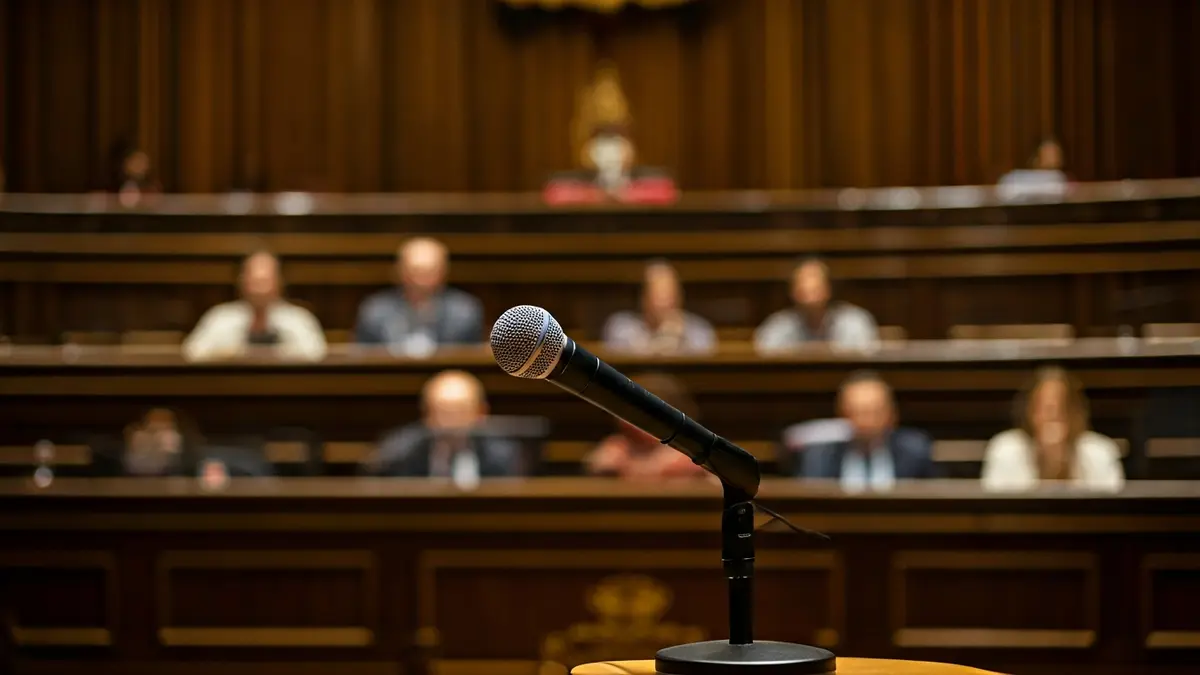 Imagen de un micrófono en un atril en una sala de plenos, simbolizando el debate político.