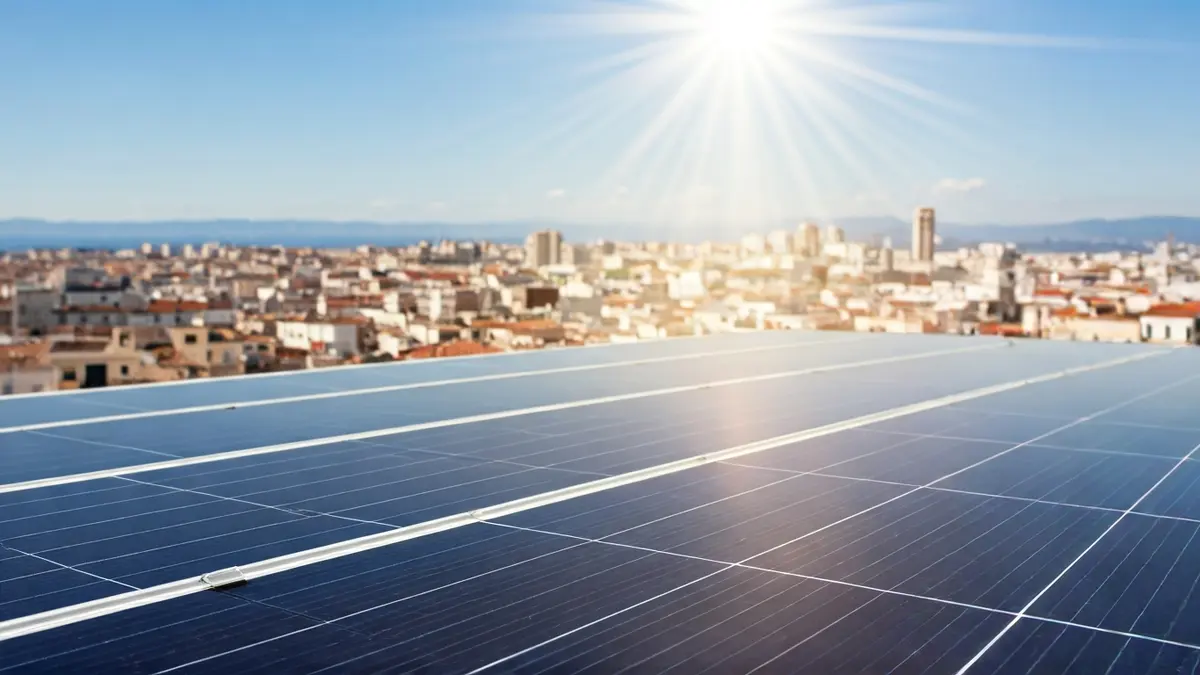 Imagen genérica de paneles solares en un tejado con un fondo urbano.