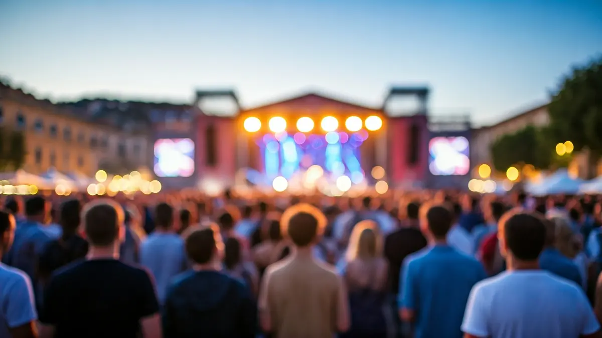 Imagen genérica de un festival de música al atardecer con luces y multitud borrosa.