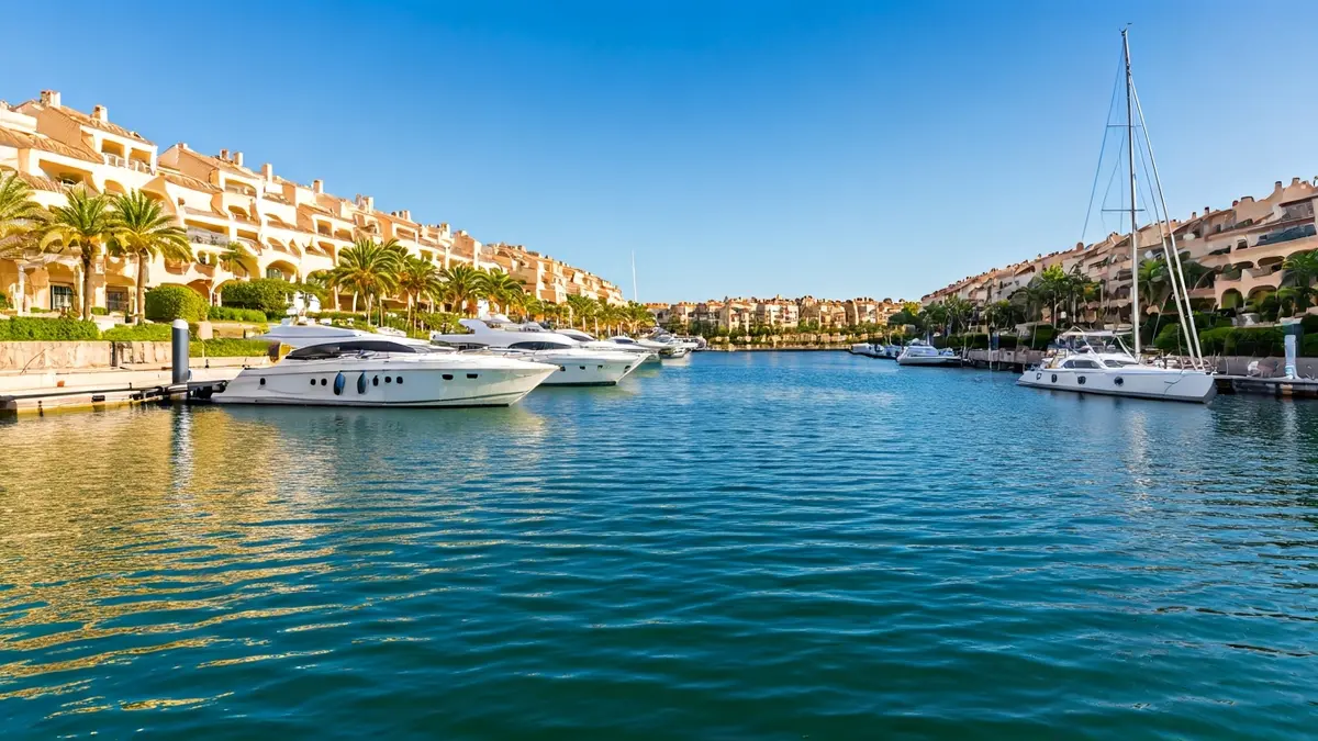Vista aérea de los canales artificiales de Sotogrande con yates amarrados y viviendas de lujo.