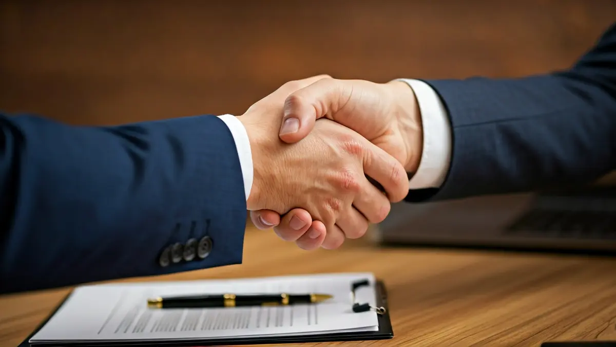 Generic image of a handshake in an office setting, symbolizing a business agreement.