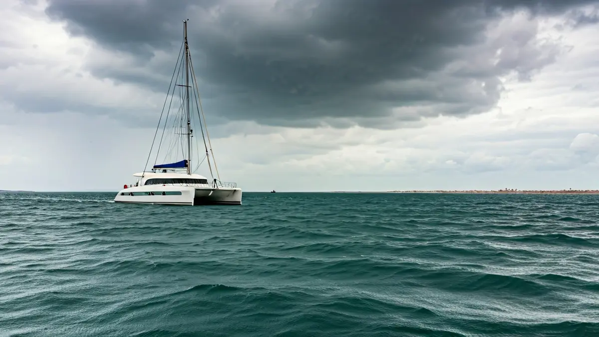 Catamaran sailing on rough waters under a stormy sky in the Bay of Cádiz.