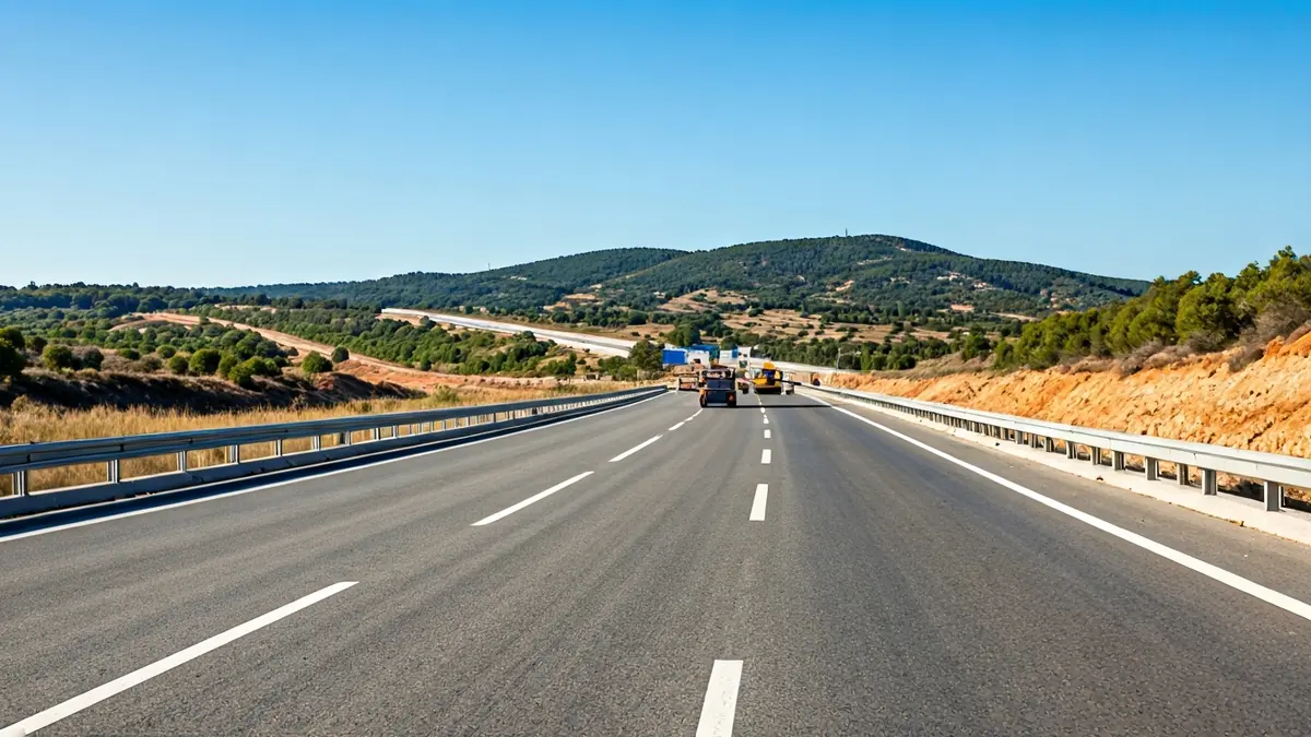 Imagen de una autovía en construcción en un paisaje mediterráneo.