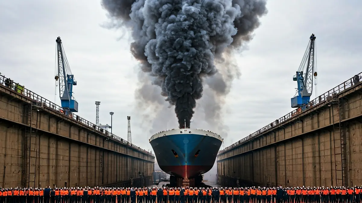 Columna de humo negro saliendo de un crucero en un astillero.